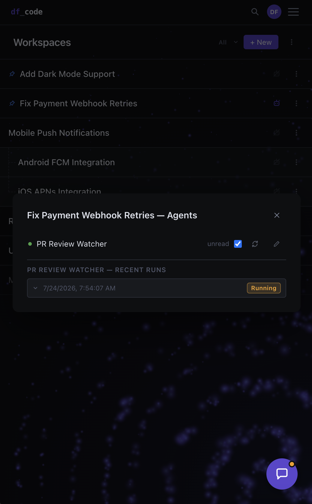 A workspace's Agents panel on a phone, showing a PR Review Watcher agent's recent run in progress