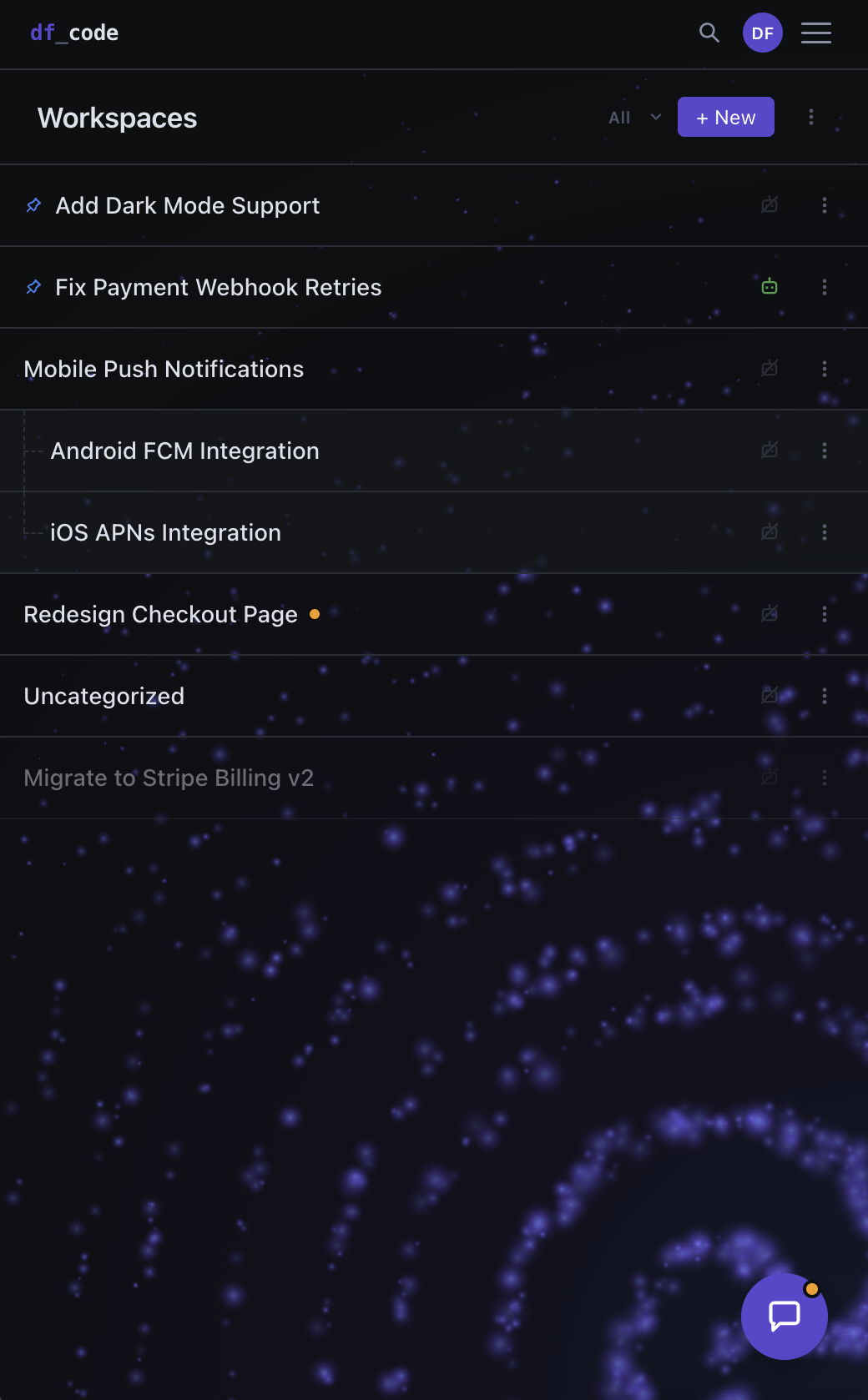 DF Code's Workspaces view on a phone, listing pinned and in-progress workspaces